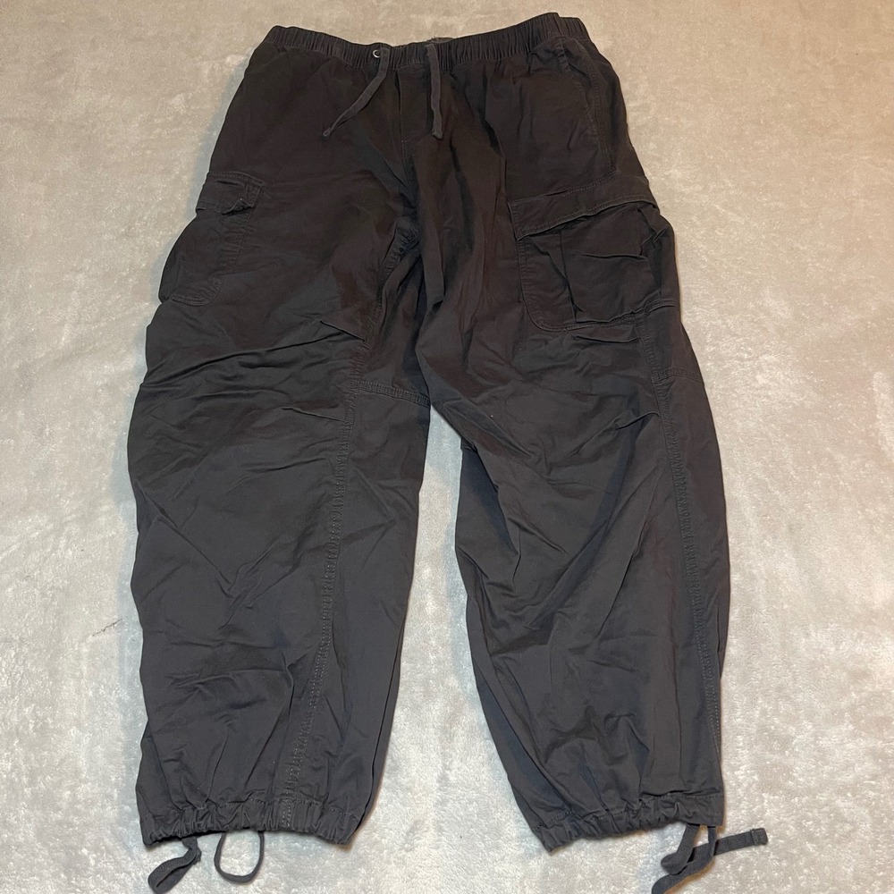 H&M Pants Mens XL Black Loose Fit Cargo Cotton Baggy Utility Drawstring Hem Y2K